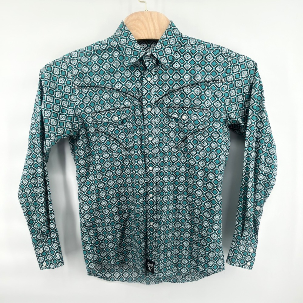 Wrangler Rock 47 Pearl Snap Shirt Mens Medium Turquoise Geometric Long Sleeve
